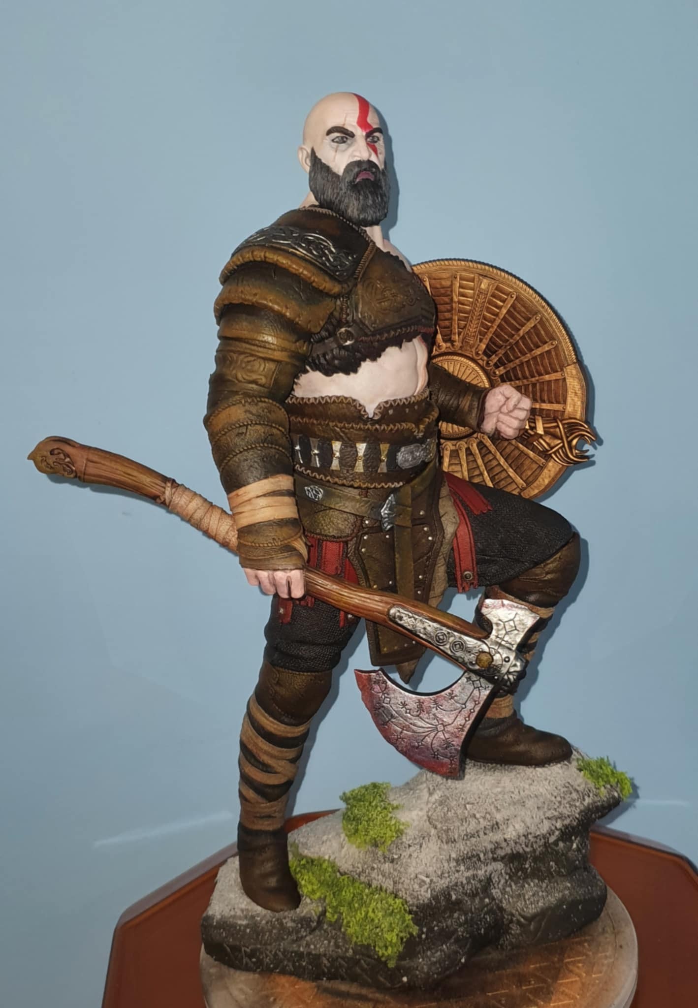 Kratos statue shield and armor close-up